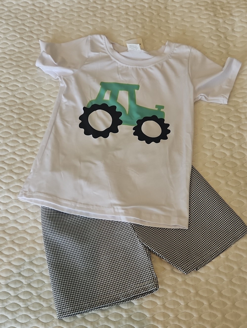 Kids Short Set with Green Tractor and Black Wheels